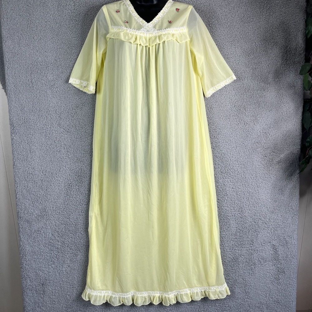 Vintage 70s Kari Nightgown Womens Medium‎ Yellow Granny Modest Babydoll